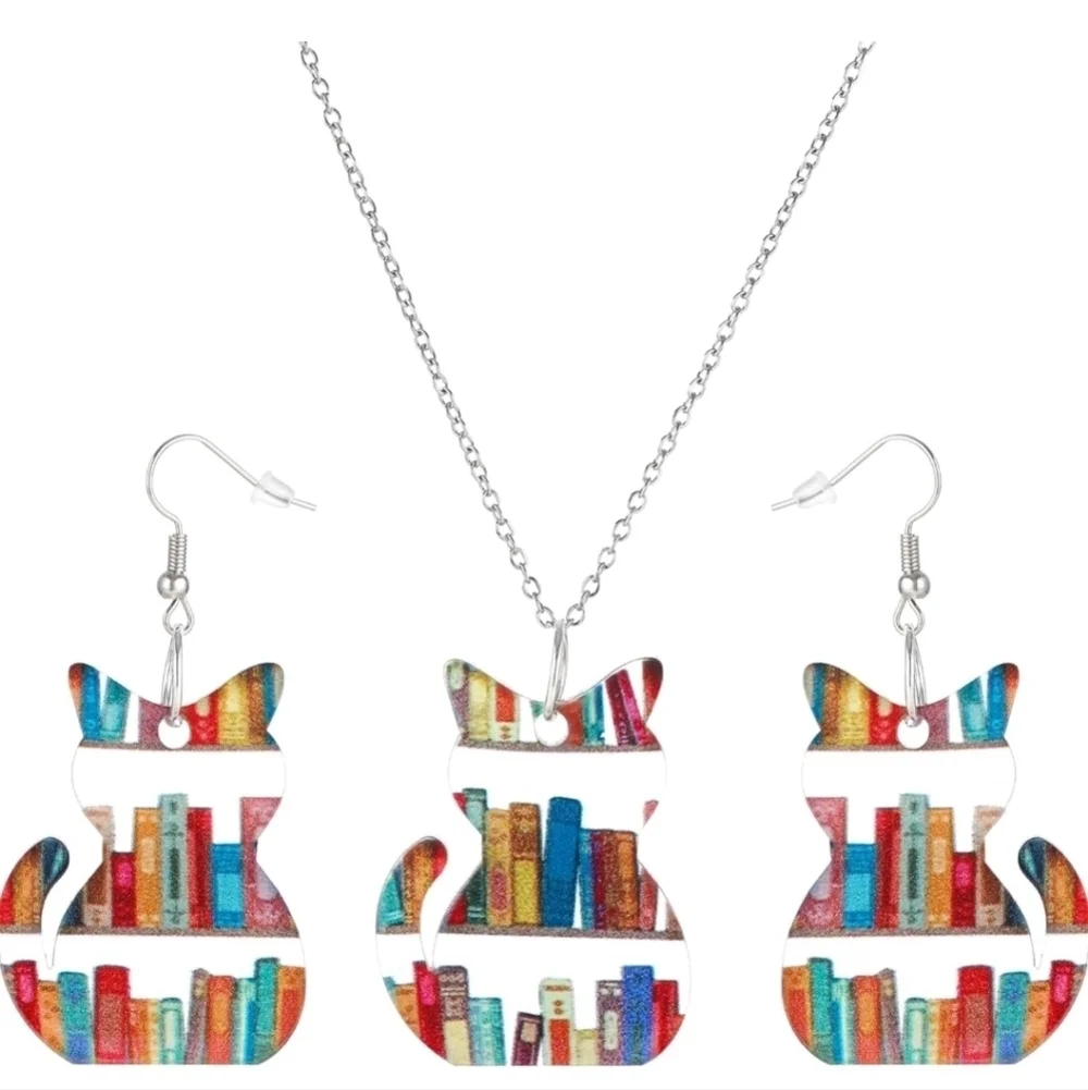 Women’s Jewelry multi-colored Cat Bookshelf Necklace and Dangle Earrings Set!